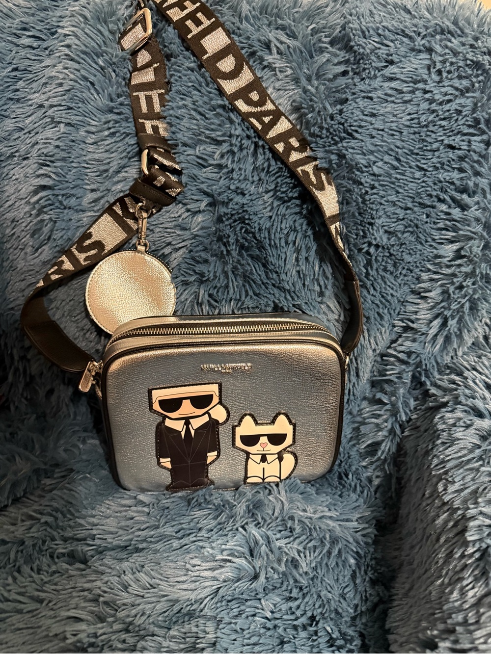 Karl Lagerfeld Silver Metallic Camera Bag with Cartoon Patch